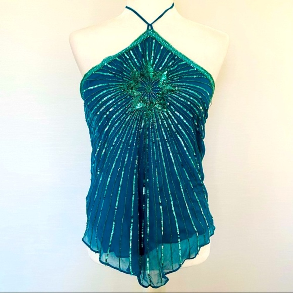 NWT $240 Lotta Stensson NYC Turquiose Beaded Silk Halter 8